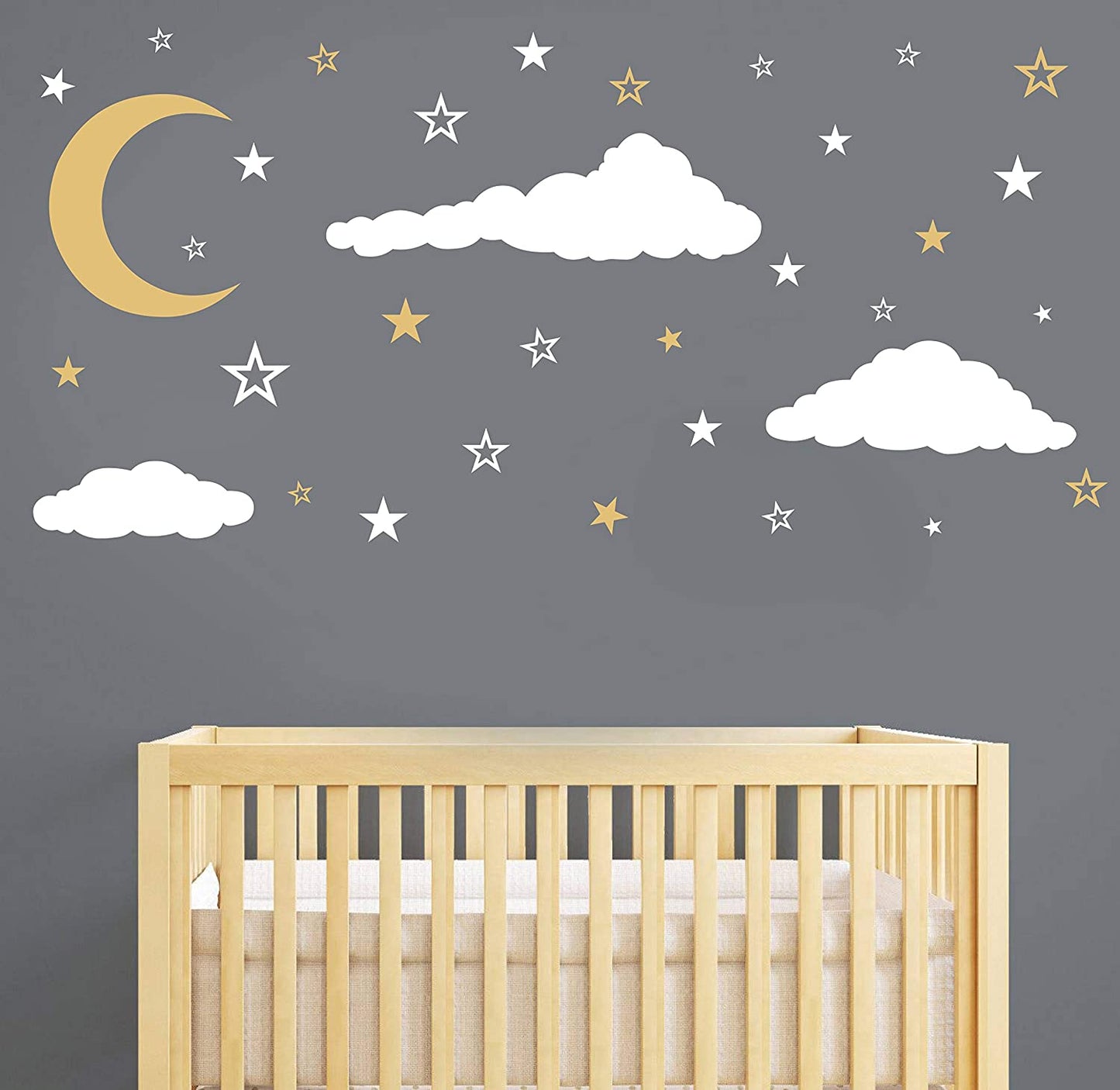 Moon, Stars and Clouds Wall Decals, Kids Wall Decoration, Nursery Wall Decal, Wall Decal for Nursery, Vinyl Wall Stickers for Children Baby Kids Boys Girls Bedroom Y08 (White,Gold)