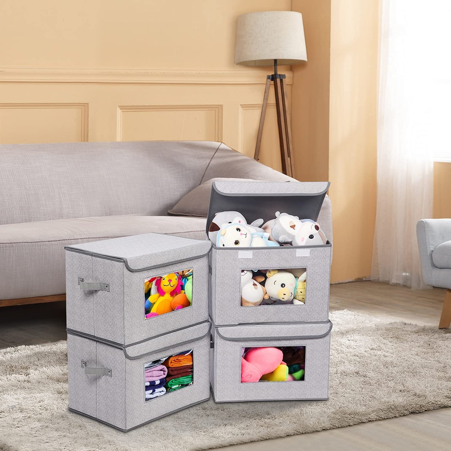 Foldable Nursery Storage Bin [4-Pack] Fabric Storage Boxes with Lids Large Toy Organizers and Storage for Nursery Bedroom Home (Gray, 17“ X 12” X 12")