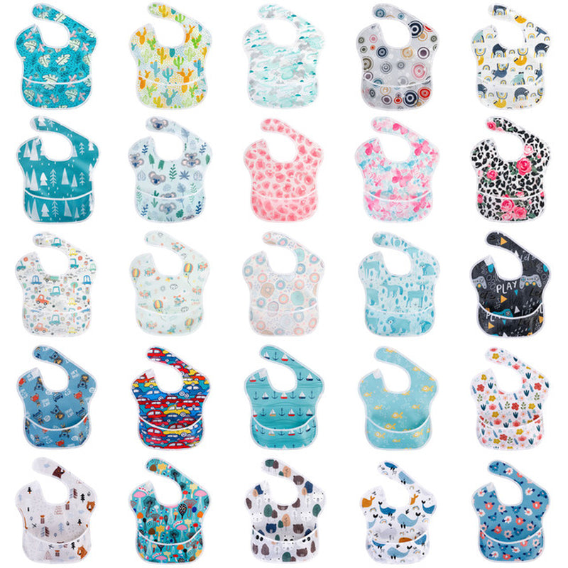 Waterproof Baby Bibs 100% Polyester TPU Coating Feeding Bibs Washable Baby Bibs with Food Catcher for Baby Girls & Boys