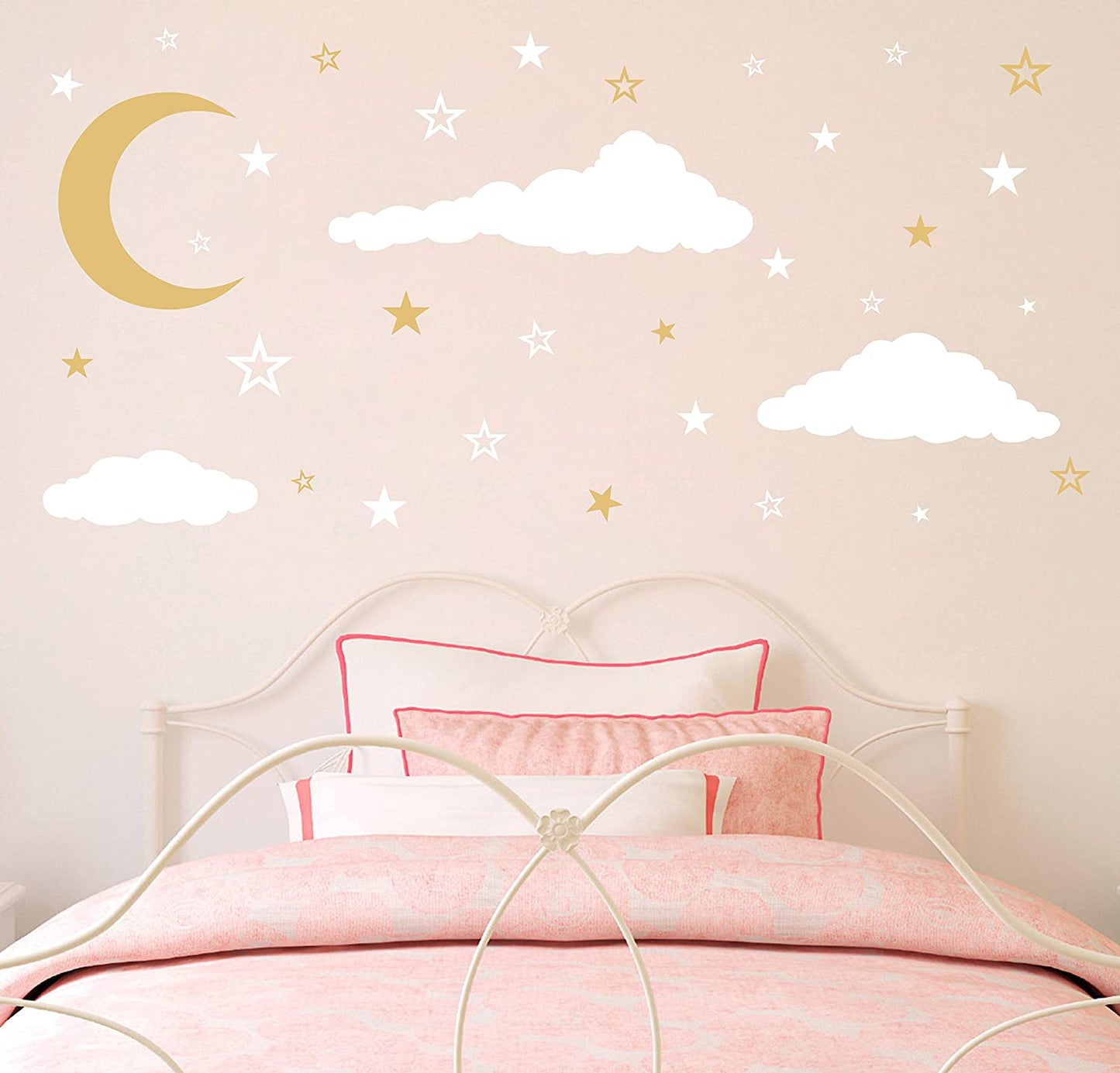 Moon, Stars and Clouds Wall Decals, Kids Wall Decoration, Nursery Wall Decal, Wall Decal for Nursery, Vinyl Wall Stickers for Children Baby Kids Boys Girls Bedroom Y08 (White,Gold)