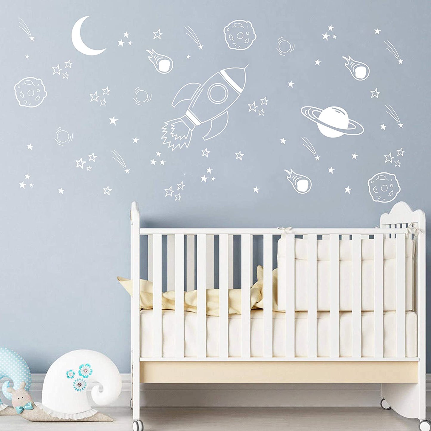 Space Wall Decal Nursery, Outer Space Decor, Rocket Decal, Boy Room Decor, Space Ship Decal, Space Themed Room, Planets Wall Decal for Baby Boys Nursery A37 (White)