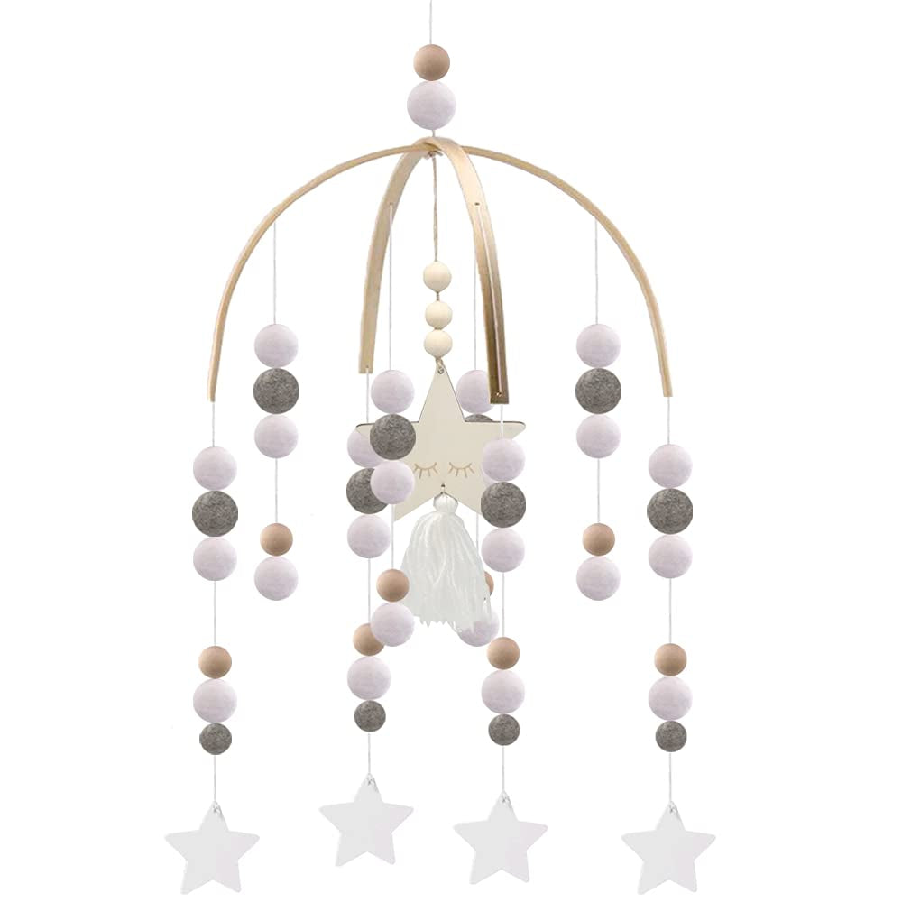 Mobile for Crib,Neutral Baby Crib Mobile Nursery Cot Mobile, Handmade Wooden Bead Bed Felt Baby Ceiling Mobiles,Boho Crib Mobile,Baby Nursery Mobile for Kids Room Nursery Decor（Gray-Star）