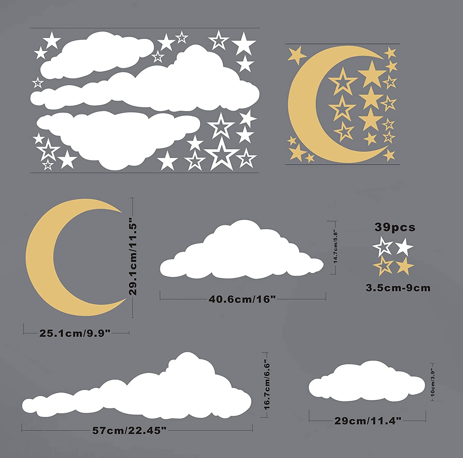 Moon, Stars and Clouds Wall Decals, Kids Wall Decoration, Nursery Wall Decal, Wall Decal for Nursery, Vinyl Wall Stickers for Children Baby Kids Boys Girls Bedroom Y08 (White,Gold)