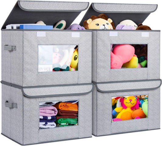 Foldable Nursery Storage Bin [4-Pack] Fabric Storage Boxes with Lids Large Toy Organizers and Storage for Nursery Bedroom Home (Gray, 17“ X 12” X 12")