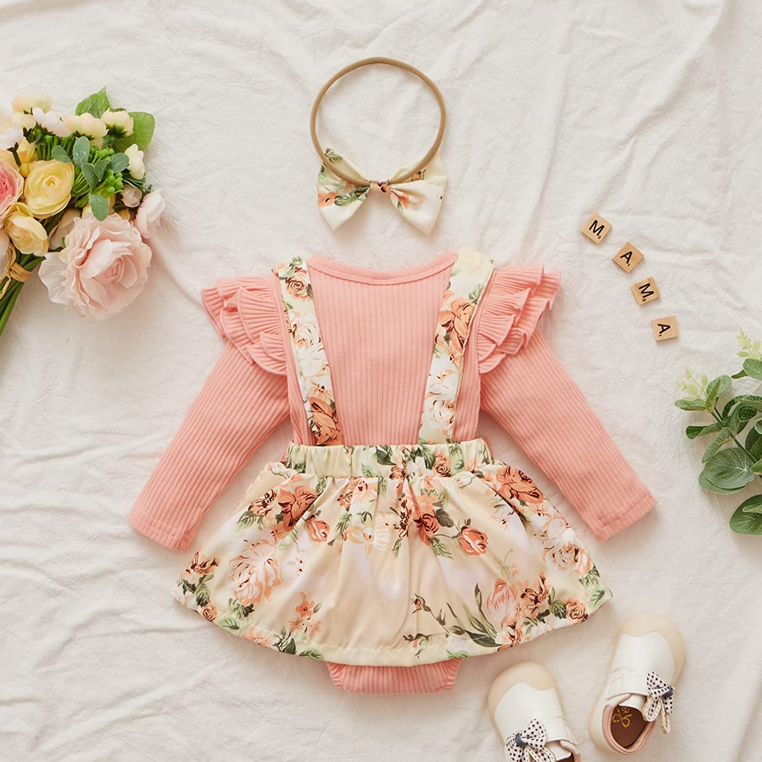 Baby Girls Romper Dress Set Letter Floral Got It from My Mama Print Ruffle Jumpsuits Clothes Shorts Outfits Headband