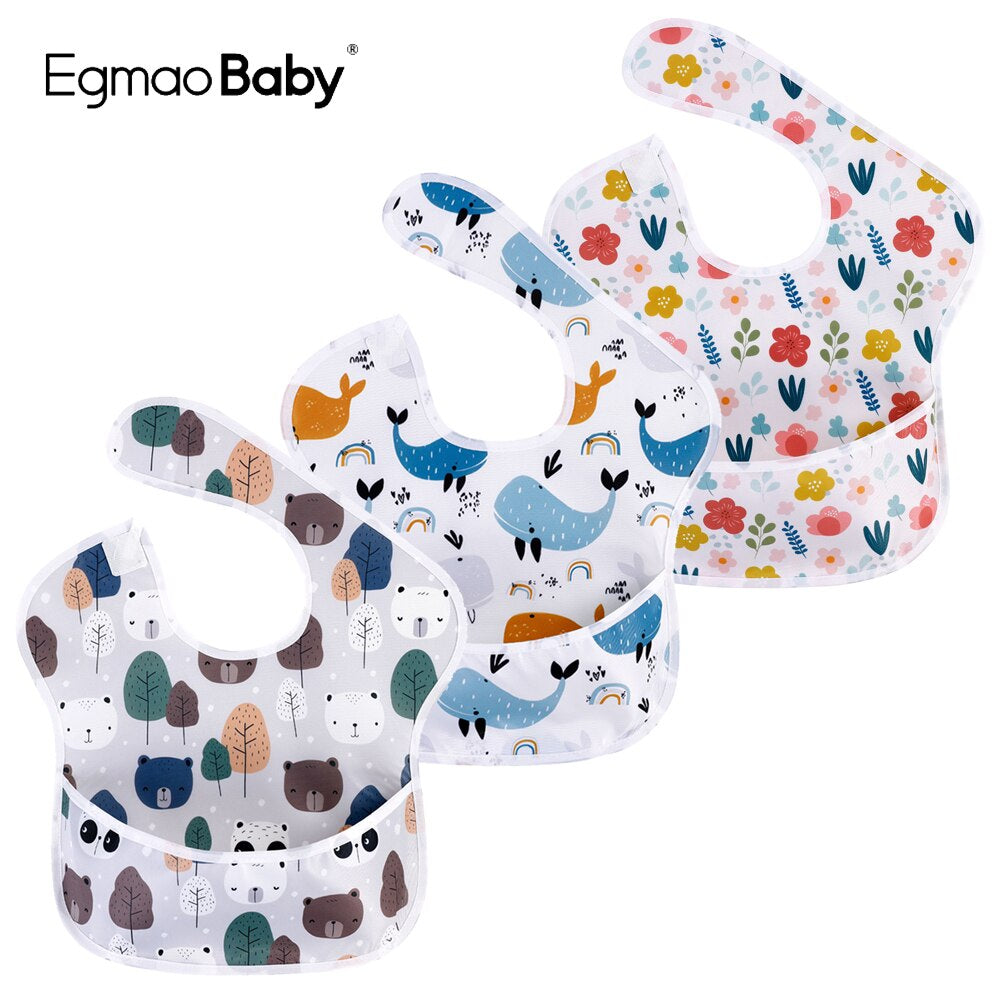 Waterproof Baby Bibs 100% Polyester TPU Coating Feeding Bibs Washable Baby Bibs with Food Catcher for Baby Girls & Boys