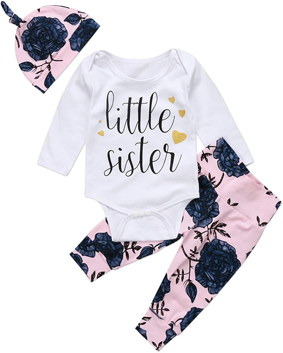 Baby Girls Little Sister Bodysuit Tops Floral Pants Bowknot Headband Outfits Set