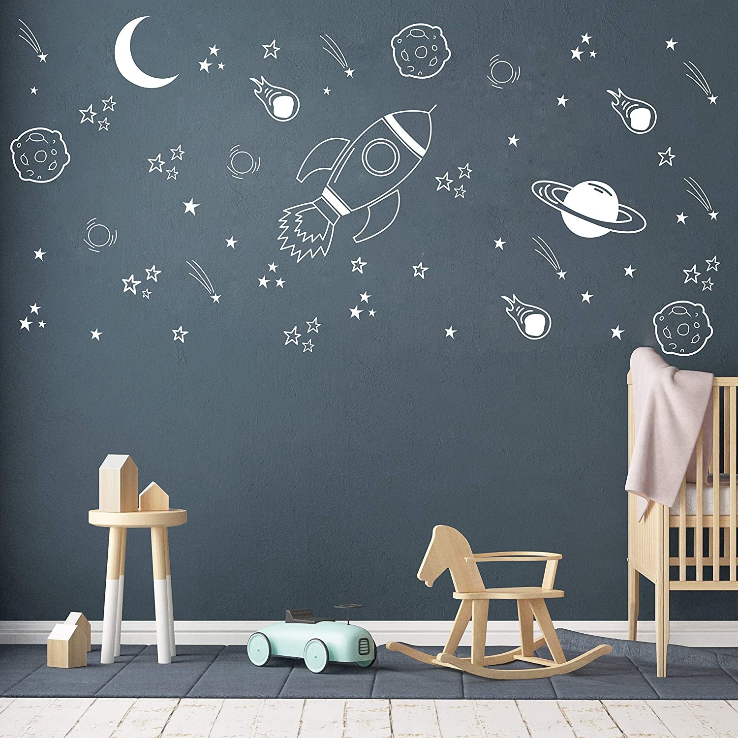 Space Wall Decal Nursery, Outer Space Decor, Rocket Decal, Boy Room Decor, Space Ship Decal, Space Themed Room, Planets Wall Decal for Baby Boys Nursery A37 (White)